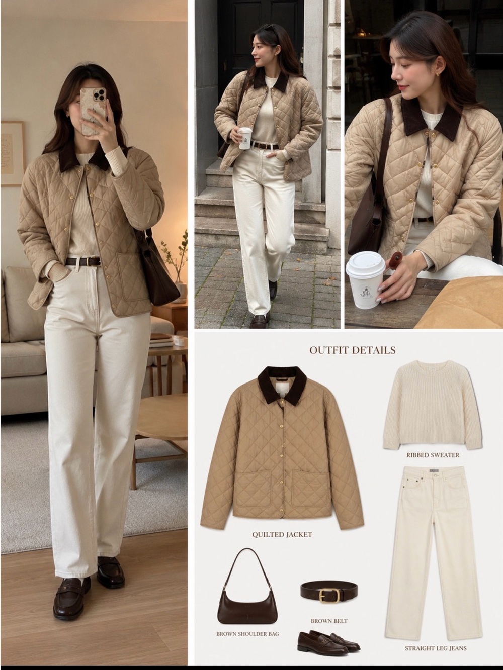 BRAND NEW H&M beige quilted diamond pattern jacket with dark brown collar